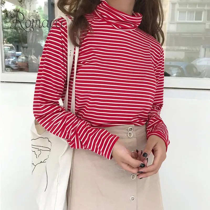 Женская Однотонная футболка в полоску с длинным рукавом и высоким