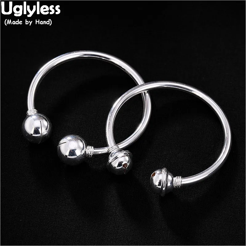 Uglyless Real 925 Sterling Silver Bells Bangles for Women Simple Bracelets Exotic Hollow Balls Open Bangle 2 Sizes Fine Jewelry