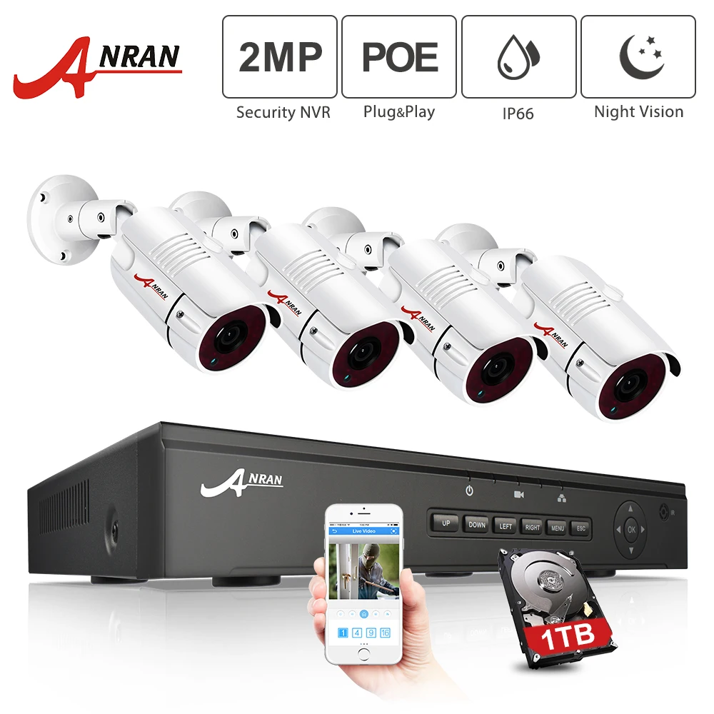 ANRAN 2mp 4-канальный PoE домашней безопасности камеры Системы Крытый+ Открытый 1080p видеонаблюдения DVR комплект Ночное видение с 36 инфракрасных светодиодов