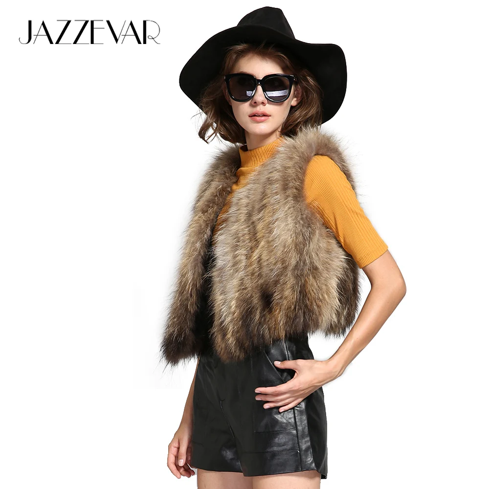 JAZZEVAR 2019 Новая жилетка женская модная уличная короткая из натурального меха енота