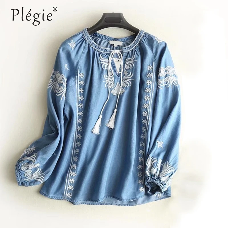 Plegie с вышивкой и бахромой джинсовые Блузы Mujer De Moda 2020 на шнуровке v-образным
