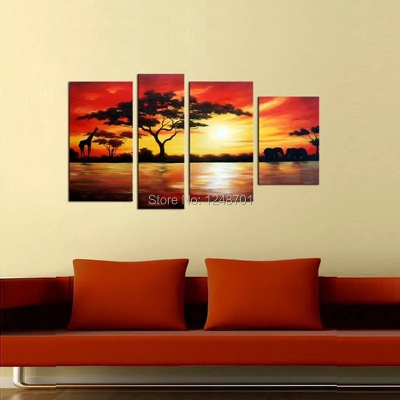 

Handpainted 4 Piece Large Africa sunset secnery oil painting with animals art elephant African wall art for decoration