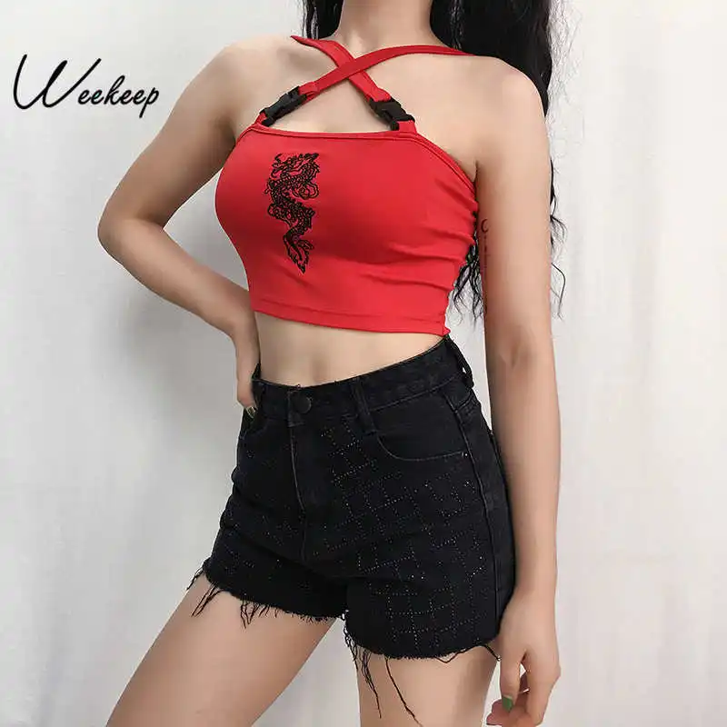 Женский укороченный топ с открытой спиной вышивкой дракона|Майки| |