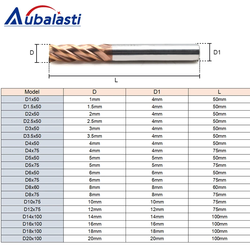 Aubalasti HRC55 4 флейты твердосплавная Концевая фреза фрезерный станок с ЧПУ фрезы Инструменты ЧПУ резцы для фрезы для резки металла