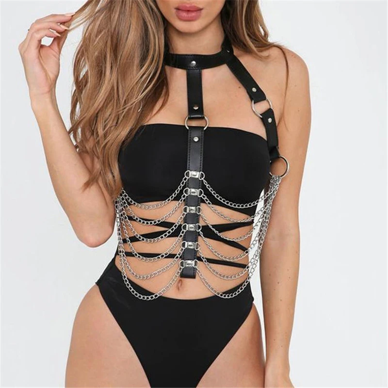 Женский кожаный укороченный топ Goth Link с цепочкой круглым вырезом на бретельках