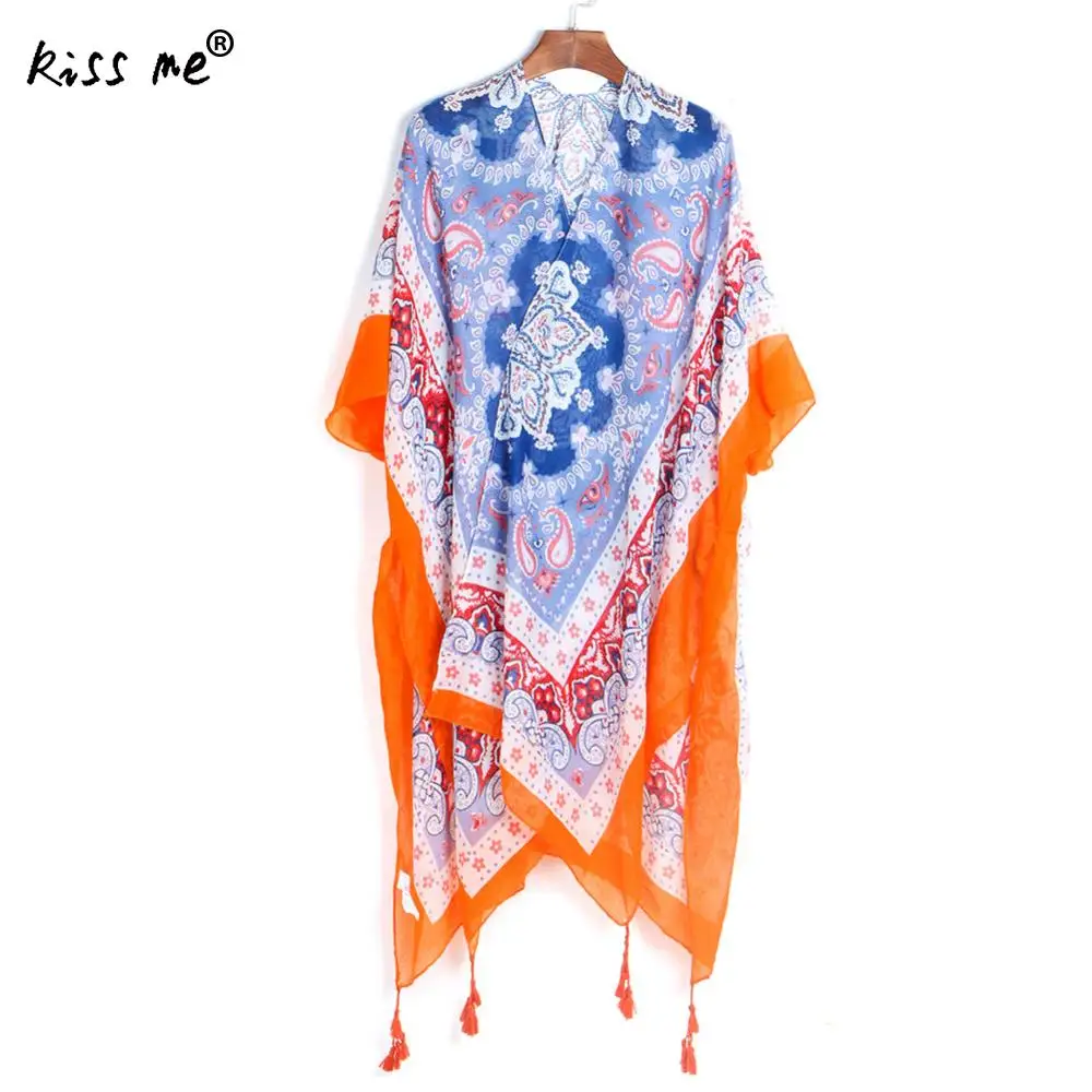 Женский длинный кардиган оранжевый синий с принтом для плавания накидка vestidos