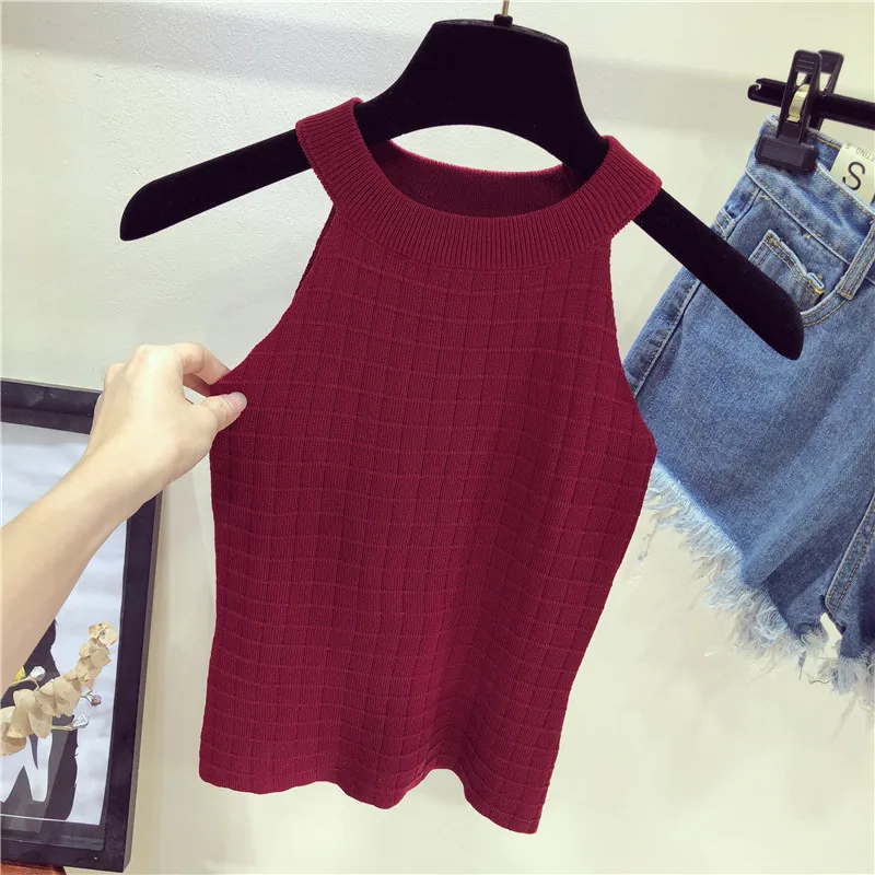 Wine red Летние женские облегающие трикотажные топы с круглым вырезом, женские облегающие трикотажные майки без рукавов, однотонные футболки, топы для девочек - Цвет: Wine red