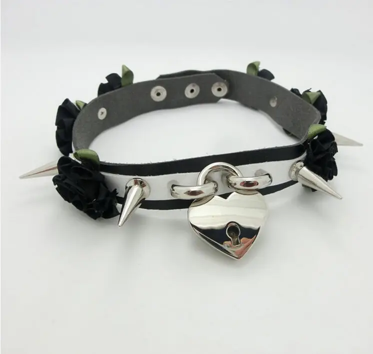 Handmade Double Layered Leather Spikes Choker Necklace Safe Heart Shaped Lock Key Collar Charm Pendant | Украшения и аксессуары