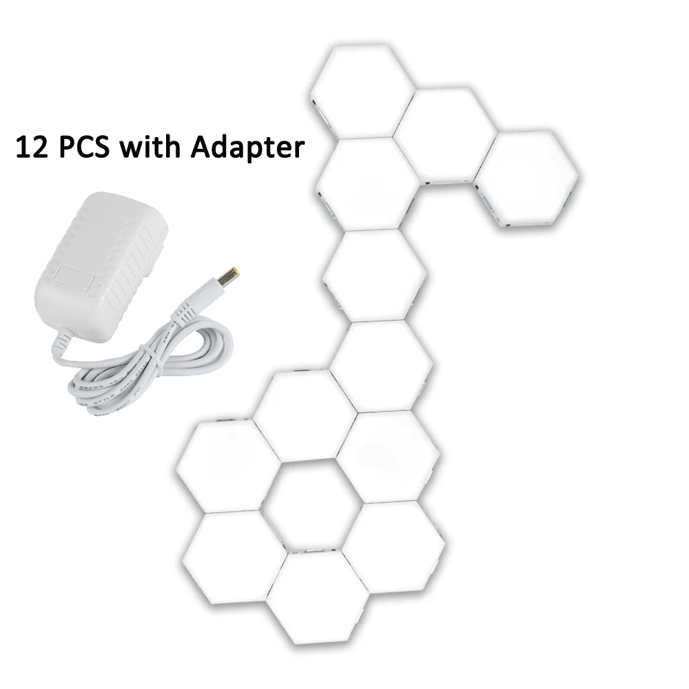 12 PCS with Adapter Современный DIY квантовое освещение, умный Диммируемый сенсорный контроль, чувствительный светодиодный ночник, Геометрическая сборка, домашний декор, настенный светильник - Испускаемый цвет: 12 PCS with Adapter