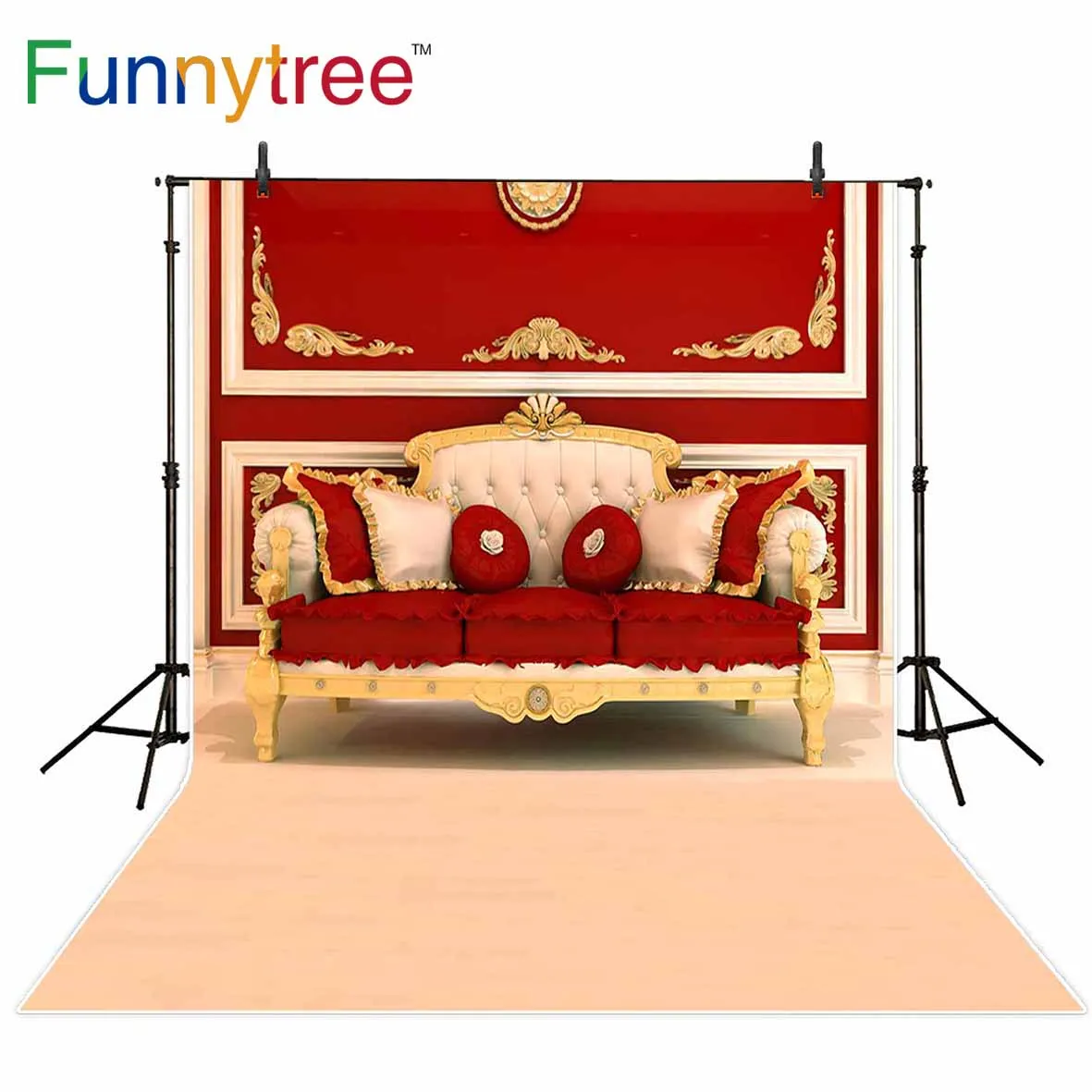 

Funnytree background for photo studio vintage sofa red wall luxurious Golden decoration professional backdrop photocall