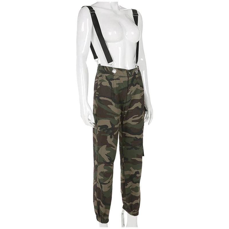 Rapwriter Fashion High Waist Cotton Camouflage Overalls Women Autumn Streetwear Side Pocket Strap Trousers Pencil Pants