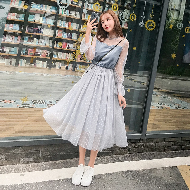 2019 Весенняя модная женская одежда сетка в стиле пэчворк воротник стойка платье