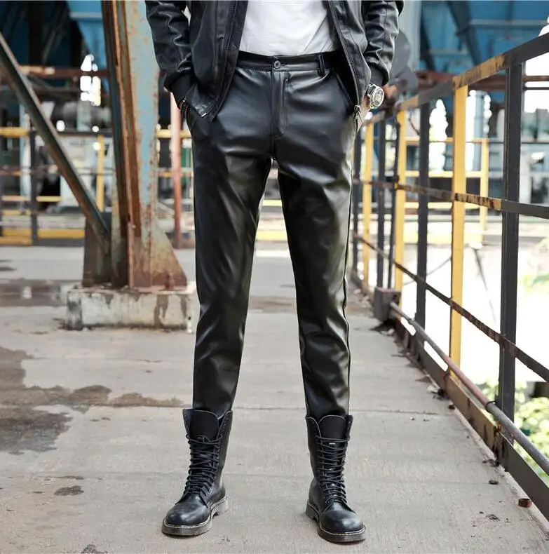 Warm personality fashion motorcycle faux leather pants mens feet pants  velvet thicken pu trousers for men pantalon homme