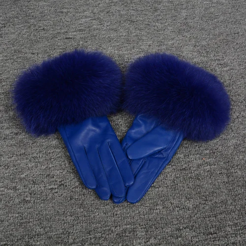 Blue Новое поступление, перчатки из натуральной кожи, перчатки из натуральной овчины и лисьего меха, женские модные стильные высококачественные перчатки S7200 - Цвет: Blue