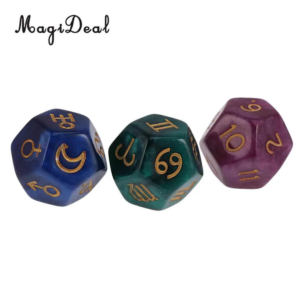 MagiDeal Novelty Pack of 3Pcs Pearl 12-Sided Astrology Digital Dice for Constellation Divination Toys Fun Family Club Game Gift | Спорт и