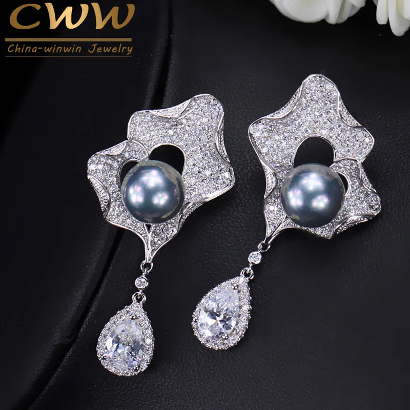 as picture CWWZircons, модные женские серьги с микро проложенным фианитом, длинные серые жемчужные висячие серьги с Каплевидным кубическим цирконием CZ158 - Окраска металла: as picture