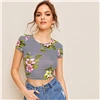 SHEIN многоцветная полосатая и цветочная тонкая облегающая укороченная Футболка Топ Женская летняя кепка рукав круглый вырез сексуальные топы футболки