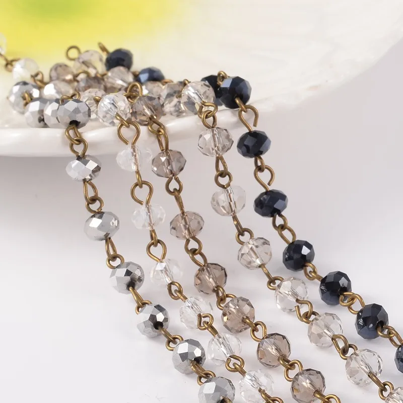 

39.3" 6x5mm Handmade Glass Beaded Chains for Necklaces Bracelets Making with Brass EyePins Colorful 1m/strand 5strands D35