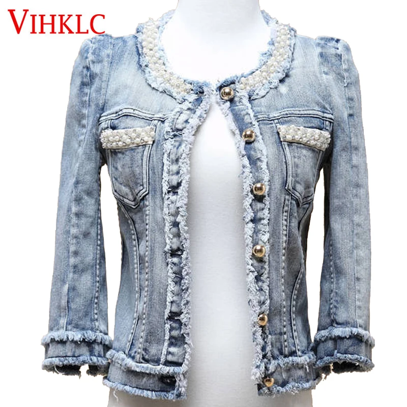 VIHKLC 2018 Для женщин жемчужина куртка Проблемные короткие джинсовая бахрома джинсы