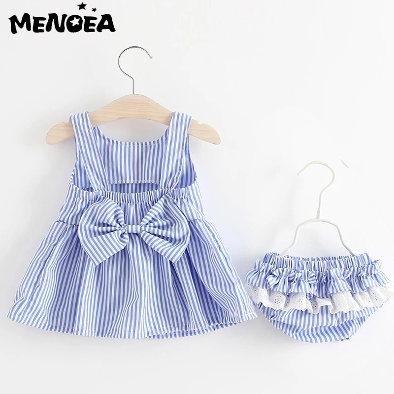 Menoea Baby Clothing Sets Cute Summer Sleeveless Dress Girls Three Piece Short Pants+Dress Set Stripe Patten for 6 24M|Комплекты