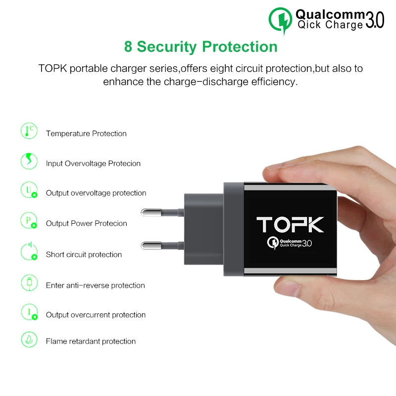TOPK Зарядное Устройство USB Qualcomm Быстрая Зарядка 3.0 18 Вт 3А (Макс.) портативный