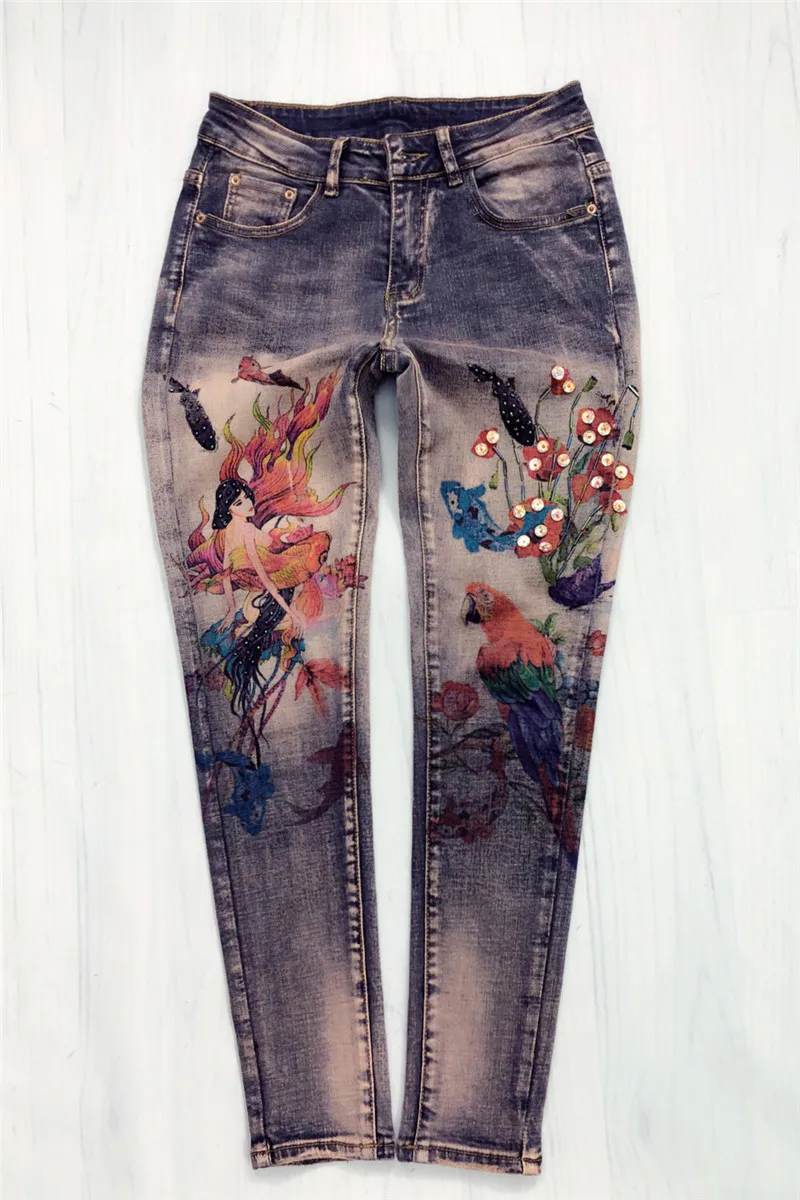 

Sequined Embroidered Flares 3D Painted Pattern Woman Denim High Street Pencil Pants Jeans Women's Stretch Skinny Jeans J004