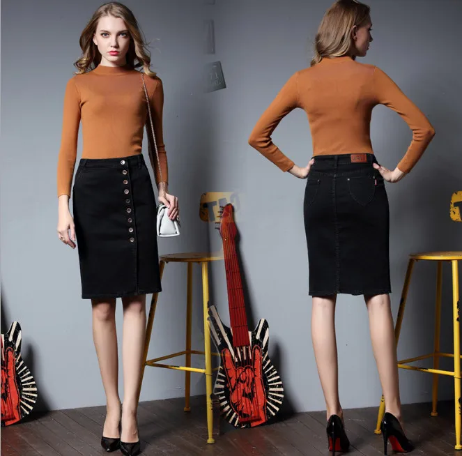 Джинсовая юбка для женщин длина до колена плюс размер высокая талия на пуговицах спереди середины бедра без