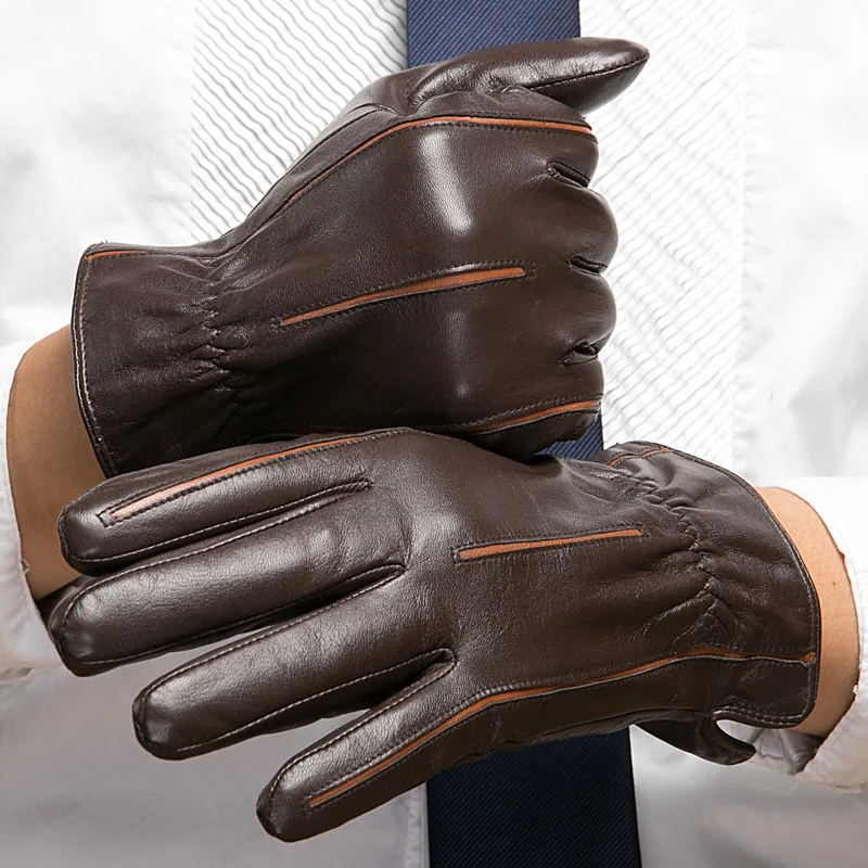 Мужские зимние перчатки Gours коричневые варежки из натуральной козьей кожи с