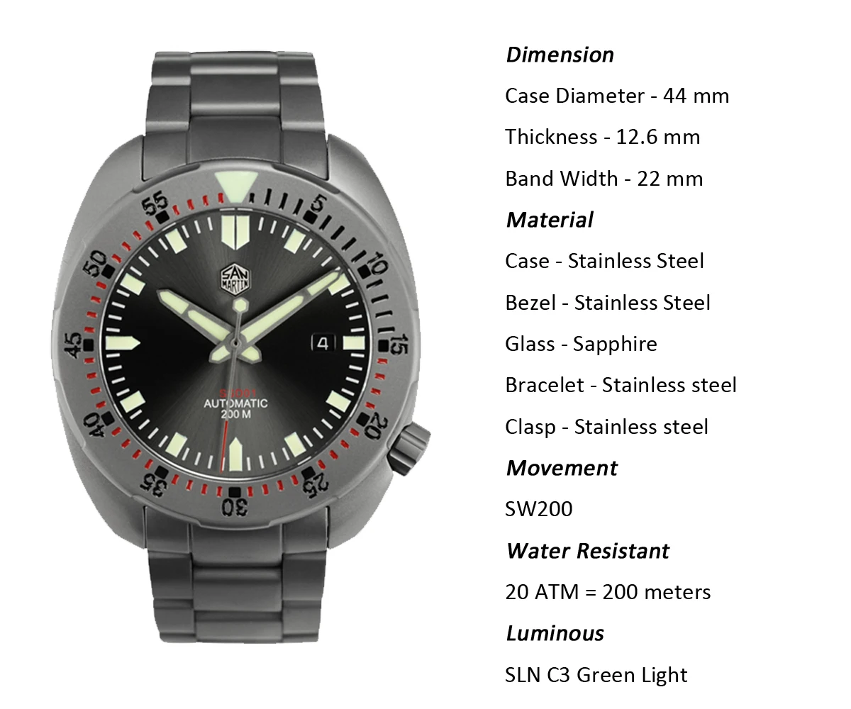 Lugyou San Martin Diver Мужские часы механические из нержавеющей стали Пескоструйный сапфир 20 АТМ водостойкий металлический браслет