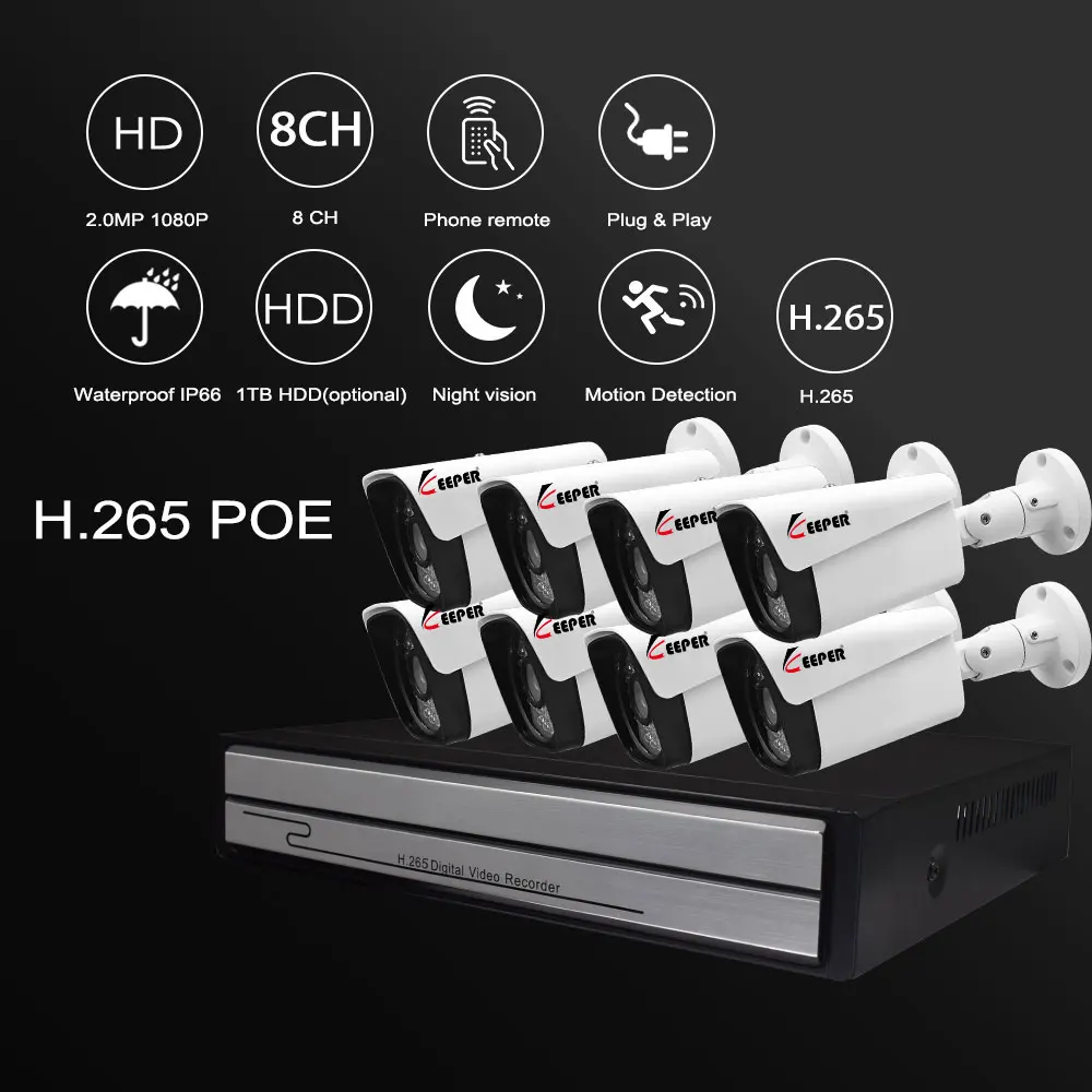 Хранитель H.265 8CH 1080P HDMI POE NVR комплект CCTV система безопасности 2MP ИК наружная с 8 шт IP POE камера P2P комплект видеонаблюдения