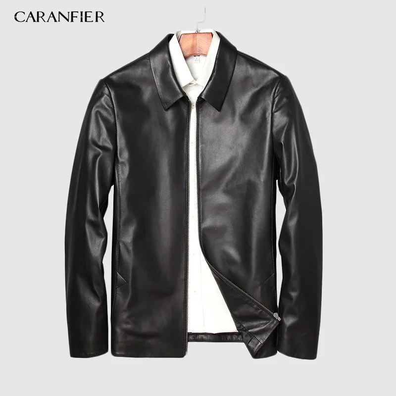 Черный CARANFIER новые Брендовые мужские Куртки из натуральной овчины кожаные повседневные приталенные пальто мотоциклетные черные верхняя одежда, пальто - Цвет: Черный