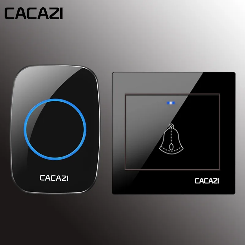 black 1x1 Беспроводной дверной звонок CACAZI, водонепроницаемый, 300 м, пульт дистанционного управления, 1 батарейка, кнопка, 1 2 приемника, дверной звонок для домашнего вызова, светодиодный светильник, 36 колокольчиков - Цвет: black 1x1