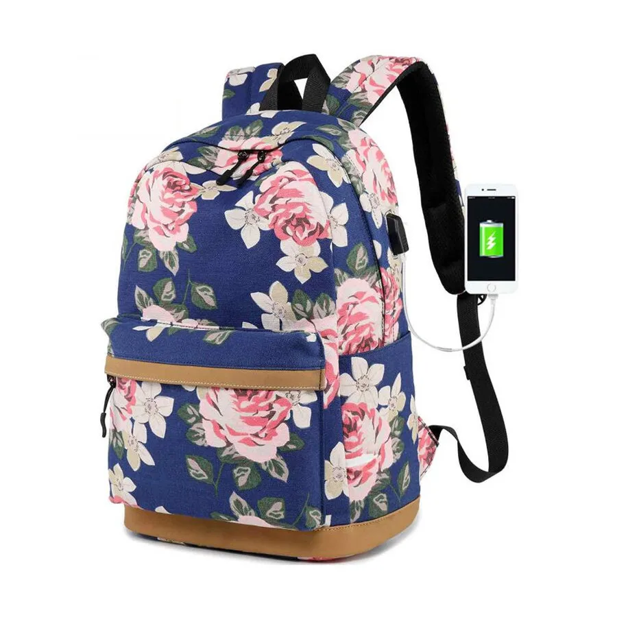 Подростковый рюкзак для школьниц Книжная сумка с usb портом зарядки холщовая