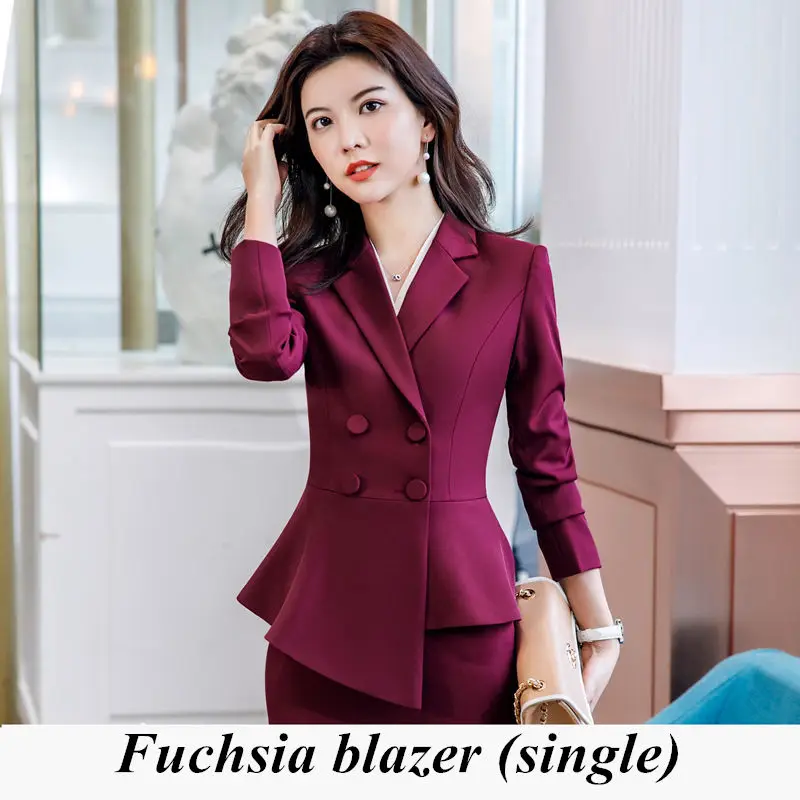 Fuchsia blazer Женский красный Блейзер, тонкий, весна-осень, элегантный женский офисный жакет, костюм для работы с рюшами, двубортный Блейзер, однотонный, Dushicolorful - Цвет: Fuchsia blazer