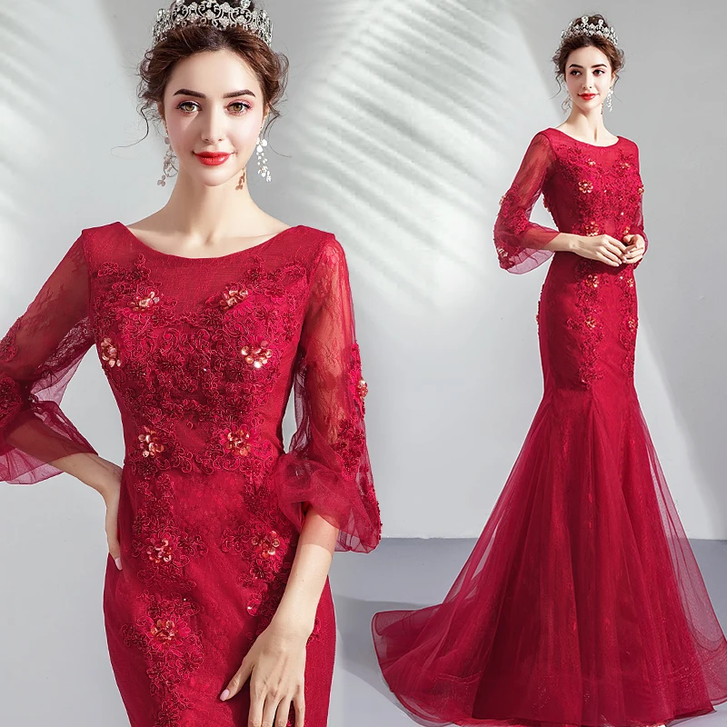Elegant Burgundy Evening Dresses Three Quarter Length Sleeves Formal Party Gowns Mermaid Style Wedding | Свадьбы и торжества