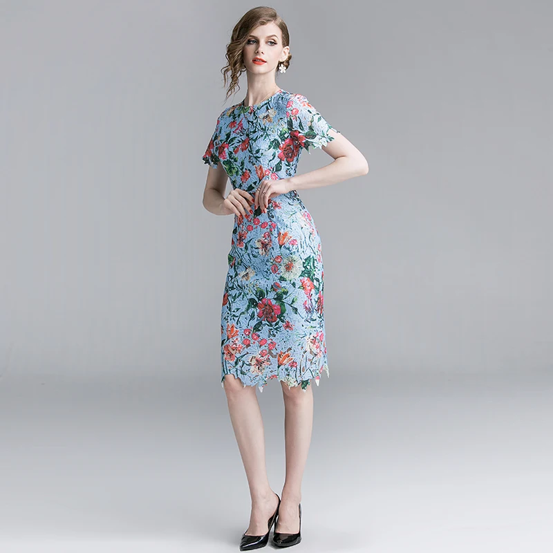 Женское винтажное платье футляр HAMALIEL Голубое Кружевное Платье с цветочным