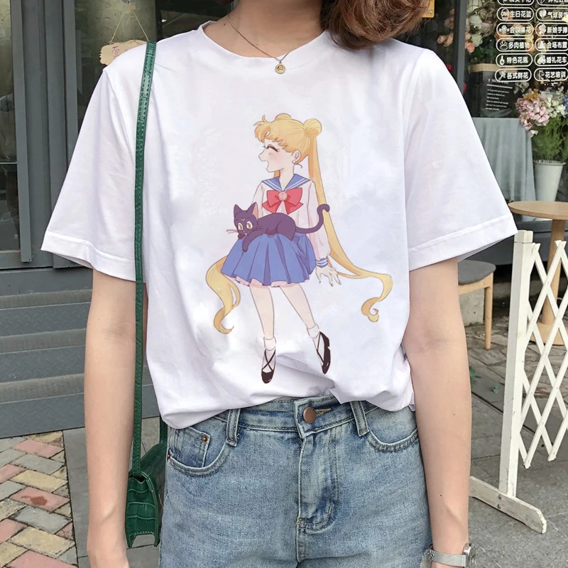 Kawaii Сейлор Мун футболка Женская Harajuku Ullzang мультяшная футболка 90s Милая футболка с принтом гранж корейский стиль футболки женские