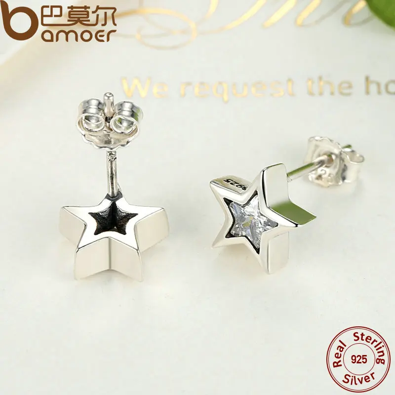 BAMOER Starshine, прозрачный Фианит, 925 пробы, серебряная звезда, пуш-ап, женские серьги-гвоздики, ювелирные изделия, Brincos Pendientes Mujer PAS436