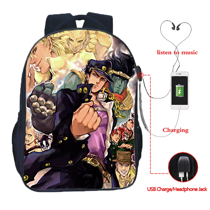 24 JoJo No Kimyou Na Bouken JoJo's Необычные Приключения Jotaro USB Chargingbackpack для мужчин женщин мальчиков девочек рюкзаки школьные сумки - Цвет: 24