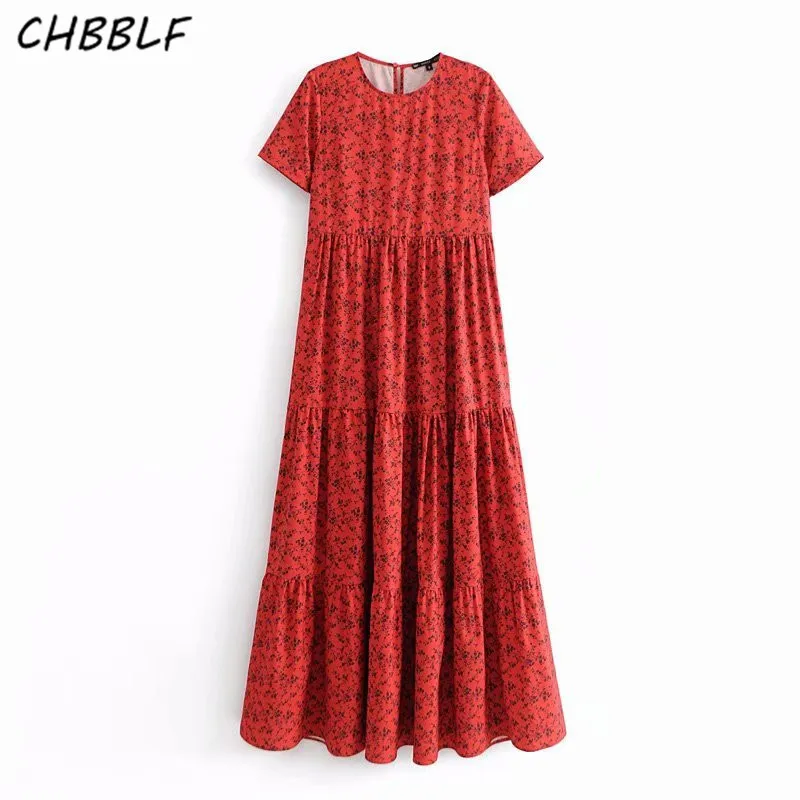 Красный CHBBLF Женское Платье макси с цветочным рисунком, короткий рукав, эластичный бюст, короткий рукав, женские стильные красные длинные платья, плиссированные платья A9188 - Цвет: Красный
