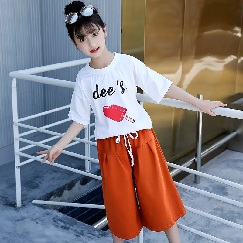 Комплект одежды для маленьких девочек футболка с принтом + укороченные брюки