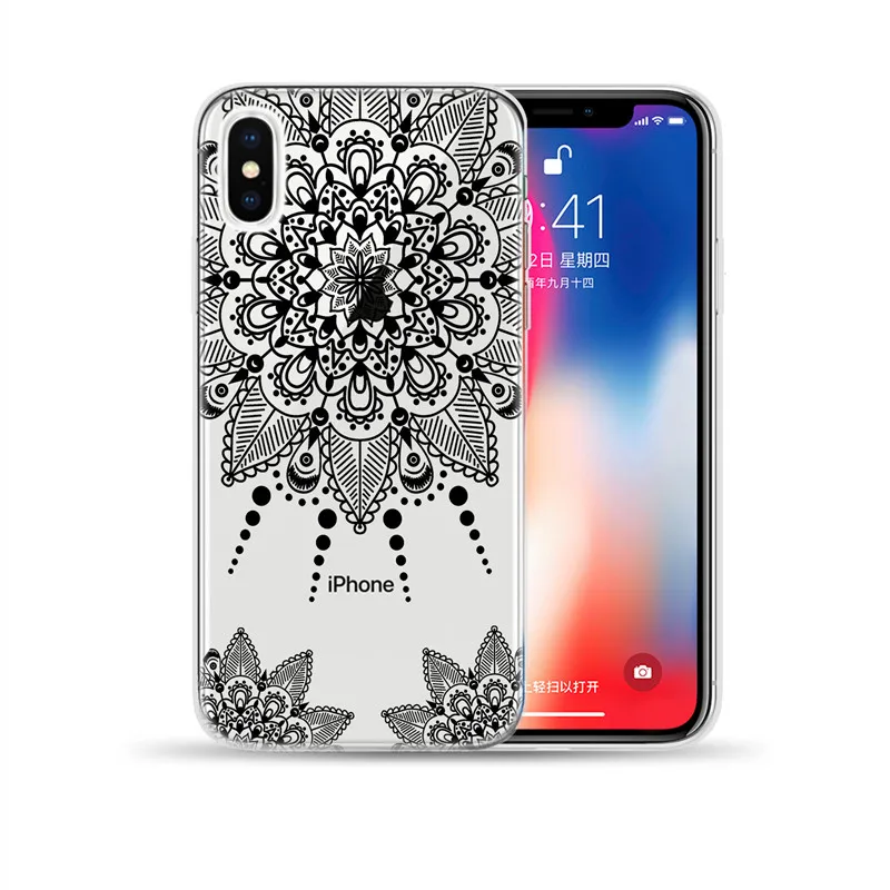 Черный сексуальный цветочный ТПУ чехол для iPhone XR XS Max 5 5S SE X 6 6S 7 8 Plus Мандала