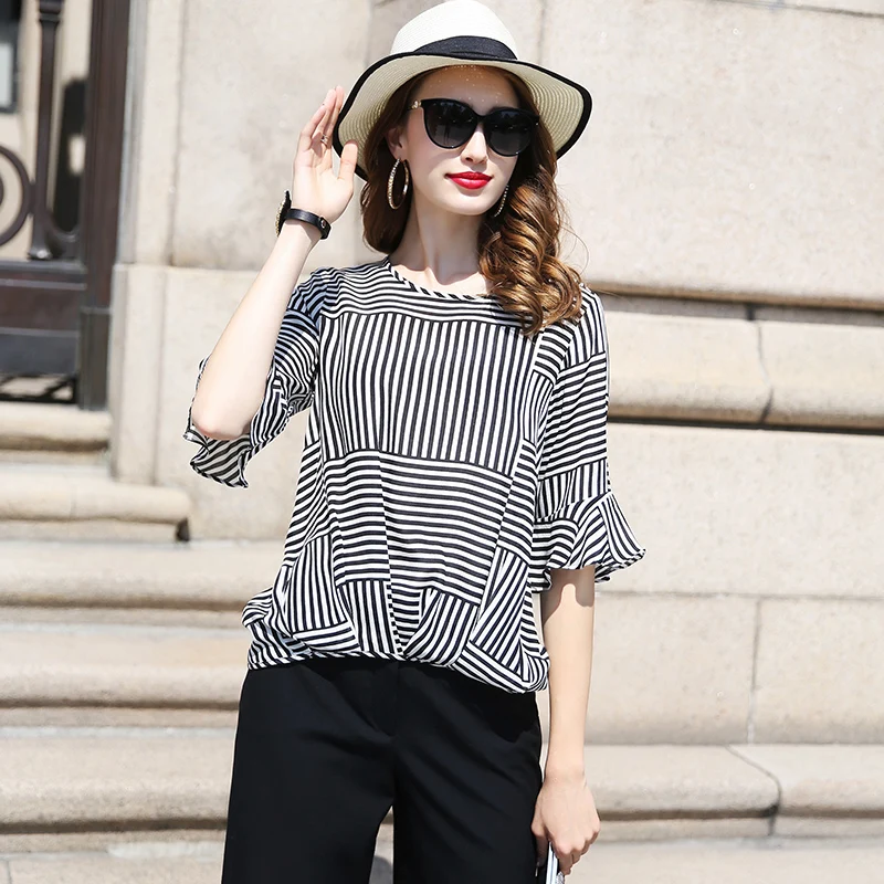 100% Silk Blouse Women Lightweight Fabric Striped Printed Plus O Neck Ruffles Half Sleeves Loose Casual Tops New Fashion 2017 |