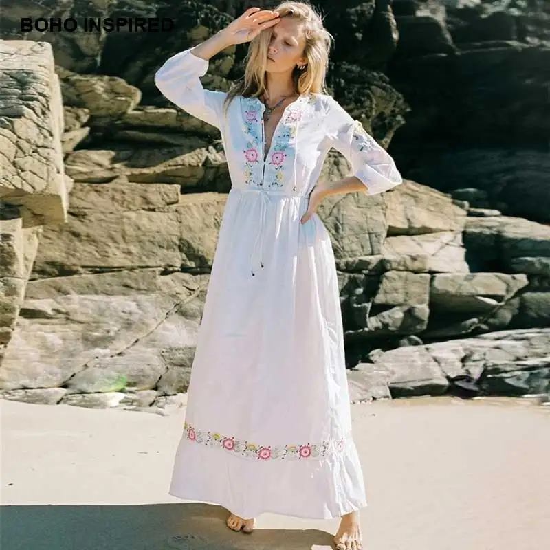 BOHO INSPIRED white dresses women floral embroidery long sleeve V-neck tassel cotton summer dress robe femme 2018 vestido | Женская