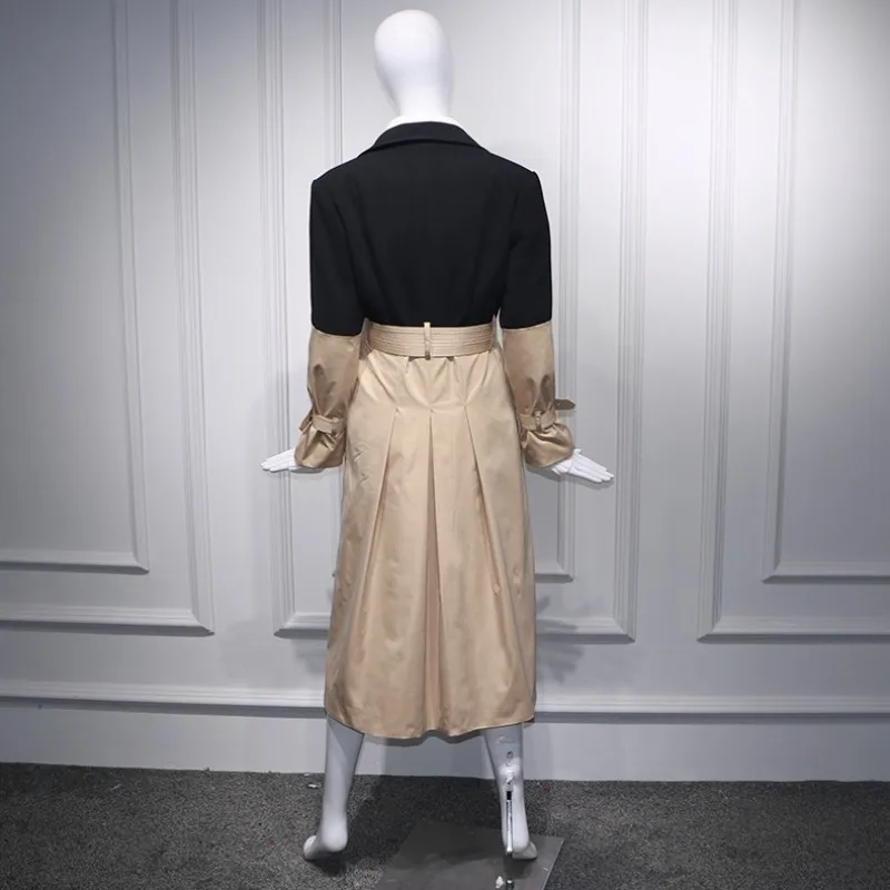 Осень Для женщин блейзер сращены лоскутное пальто Тренч с поясом Slim Fit элегантный