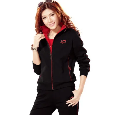 2011- black red Спортивный костюм с длинным рукавом для женщин, комплект из трех предметов, сшитые свитшоты, топы и штаны,, весна-осень, повседневный костюм, женская одежда - Цвет: 2011- black red