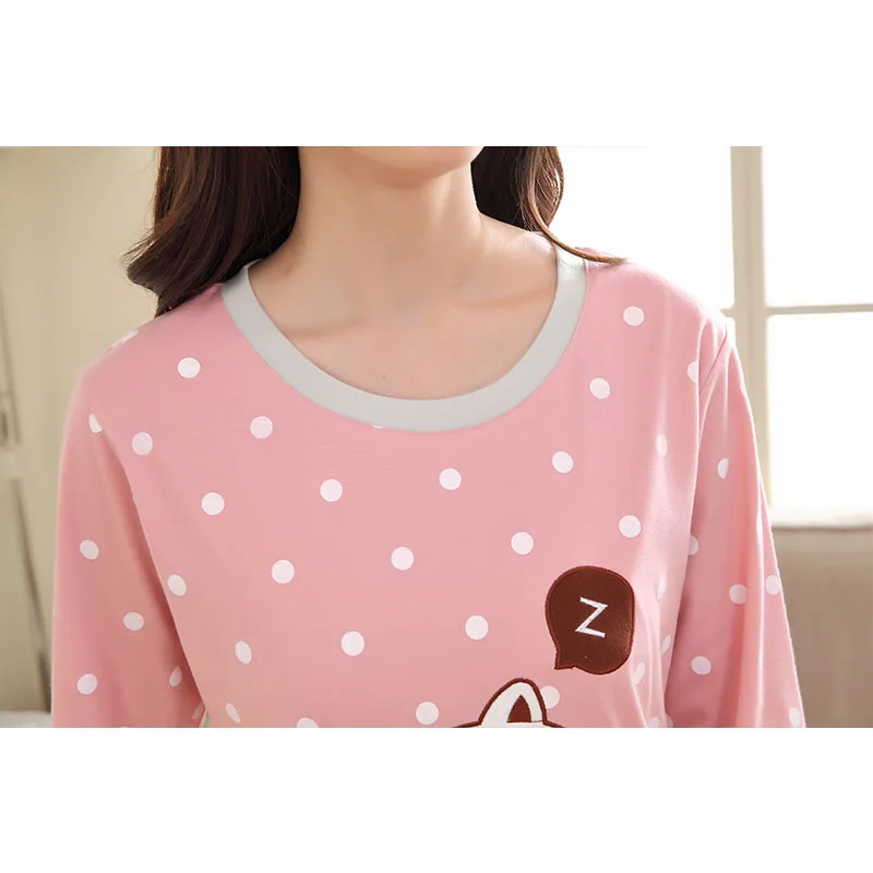 Autumn Cute Casual Pajamas Suit Woman Polka Dot Cat Cotton Full Pants O-neck Tops Sleep Lounge Female | Женская одежда