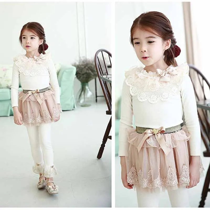 Хлопковая кружевная рубашка с длинными рукавами для маленьких девочек От 2 до 7