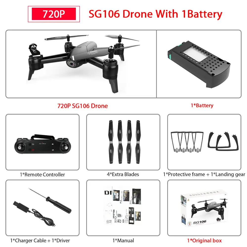 720P Black 1Battery SG106 WiFi FPV Радиоуправляемый Дрон с 720P или 1080P или 4K HD двойной камерой оптический поток воздушный видео Радиоуправляемый квадрокоптер для игрушек Детский Радиоуправляемый Дрон - Цвет: 720P Black 1Battery