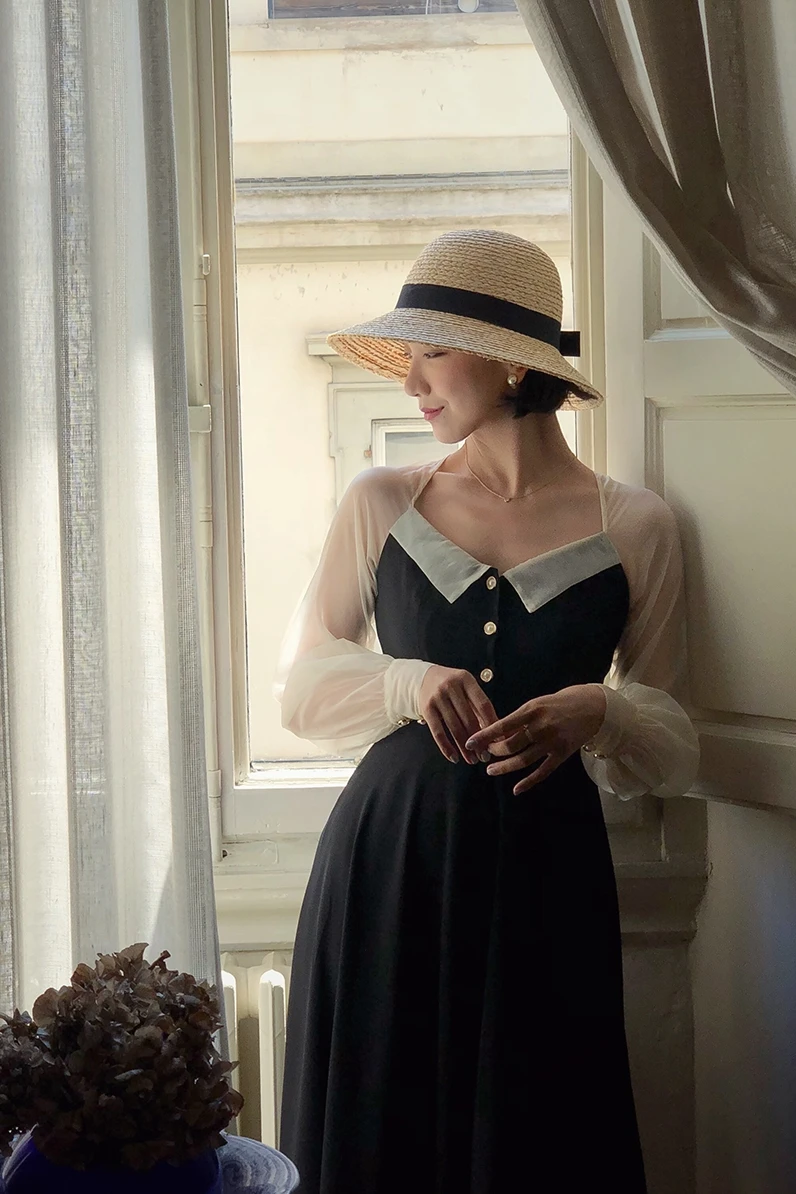 Vestido, весна-осень, женское винтажное платье в стиле Хепберн, элегантное, тонкое, v-образный вырез, длинный рукав, сетка, пэчворк, черное, длина до колена, платье sukienk
